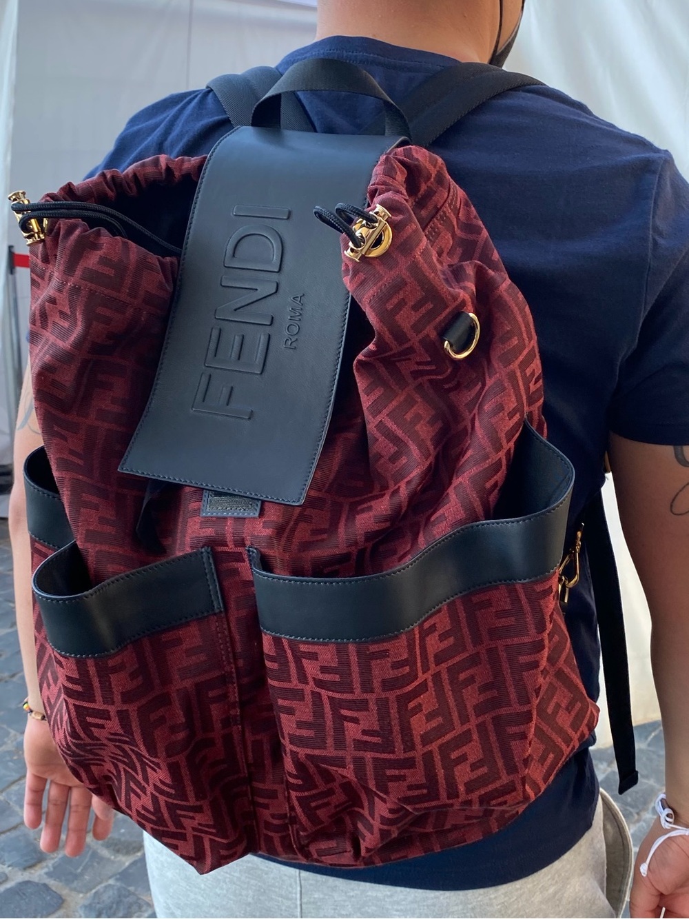 Fendi Burgundy Monogram Drawstring Backpack with Black Trim